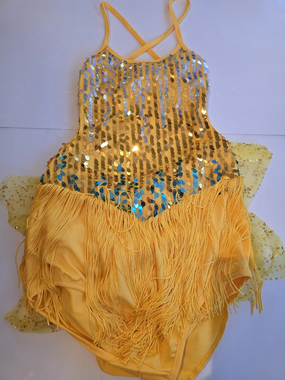 Yellow Sequin Fringe Kids Dance Dress